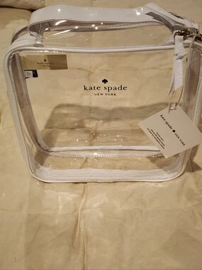 New Kate Spade Clear PVC Cosmetic Bag with White Trim Nwt